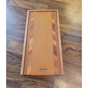 Vintage Geometric Wood Inlay Box with Sliding Lid